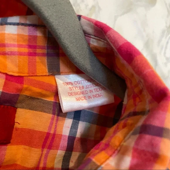 Panhandle large plaid checks orange front pocket Pearl snap button 100% cotton - Picture 5 of 8